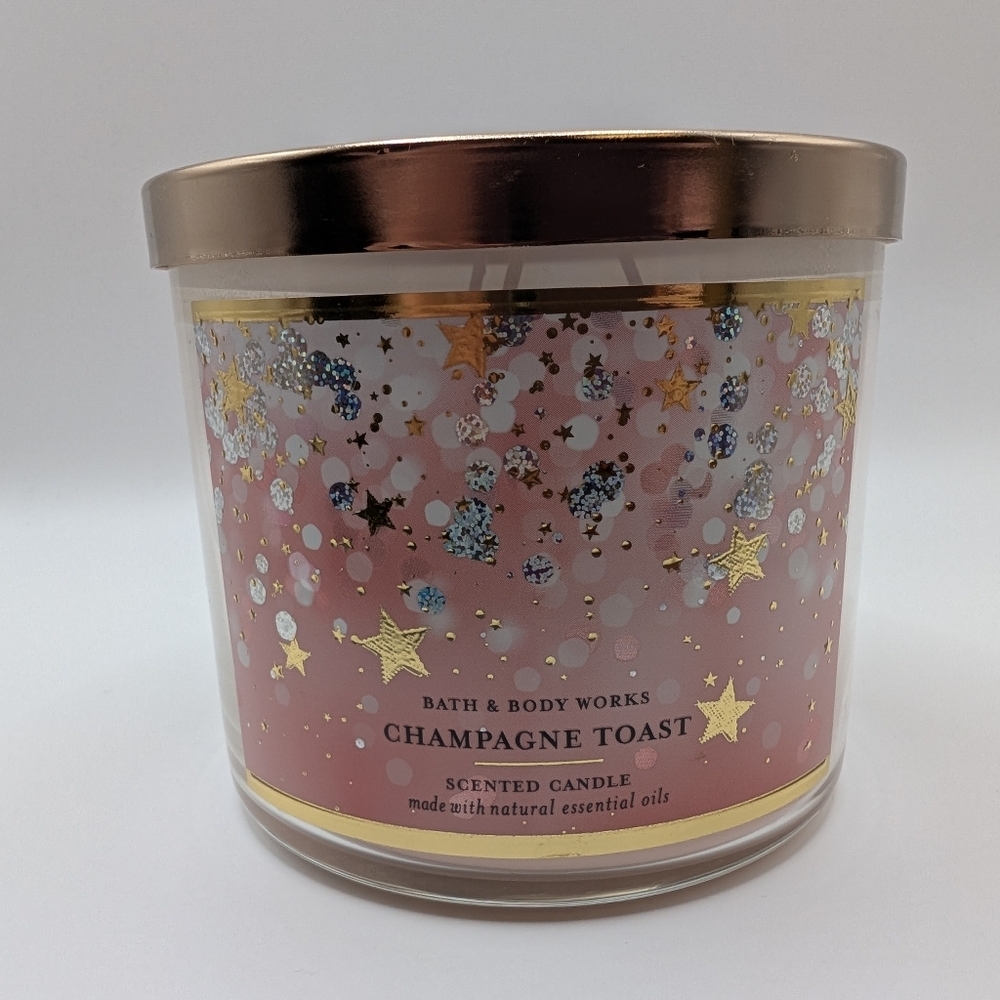 Bath & Body Works 3-Wick Champagne Toast Pink & Gold Stars Candle 14.5 Oz NWT